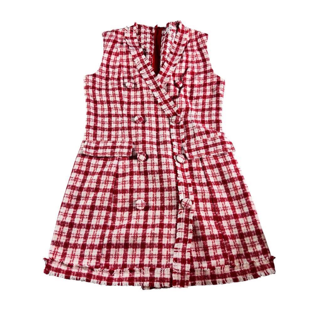 TCEC Plaid Tweed Dress Womens Large Red White Sleeveless Preppy Holiday